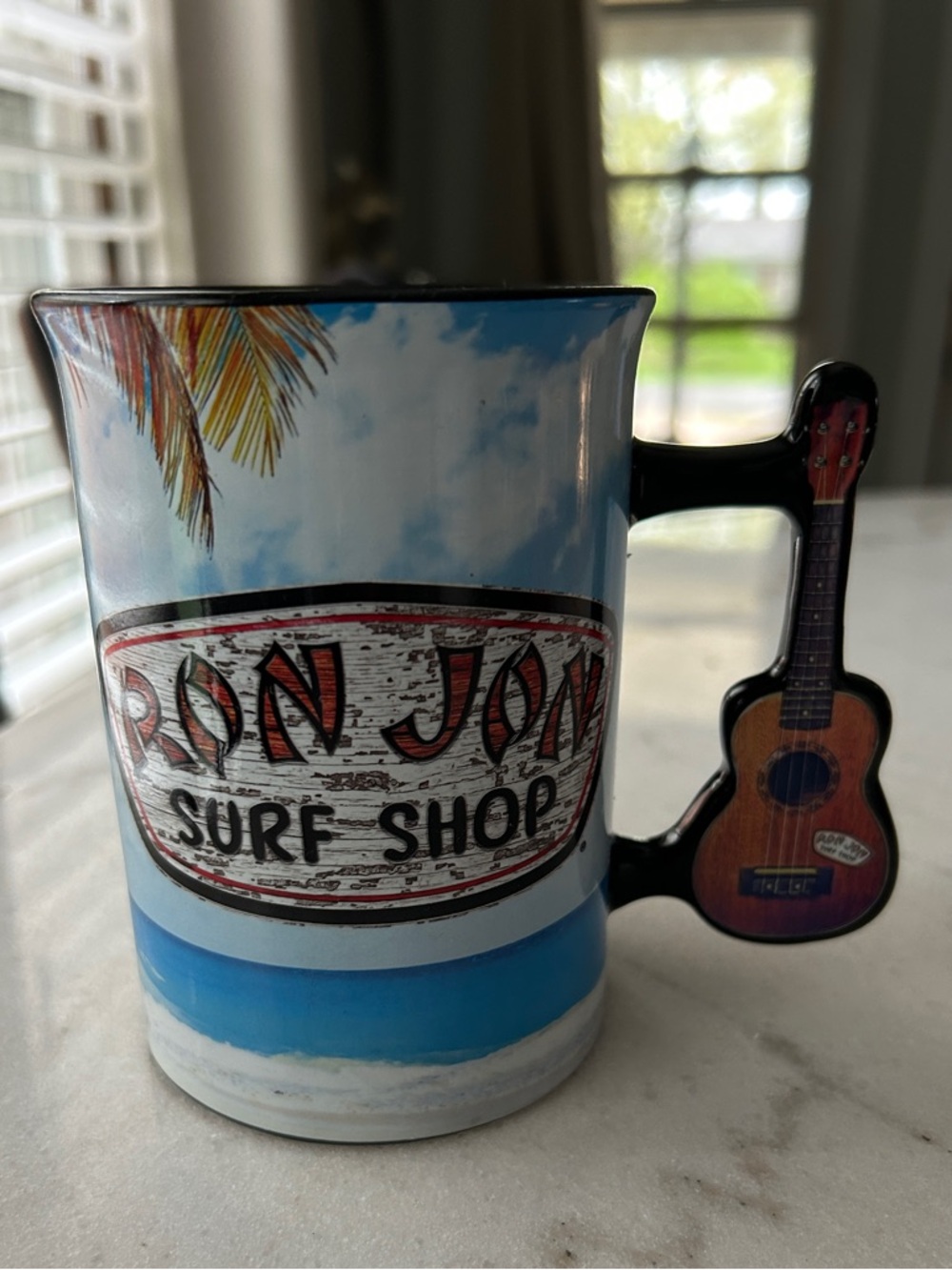 Ron Jon Blue and White Surf Shop Mug with Guitar Handle